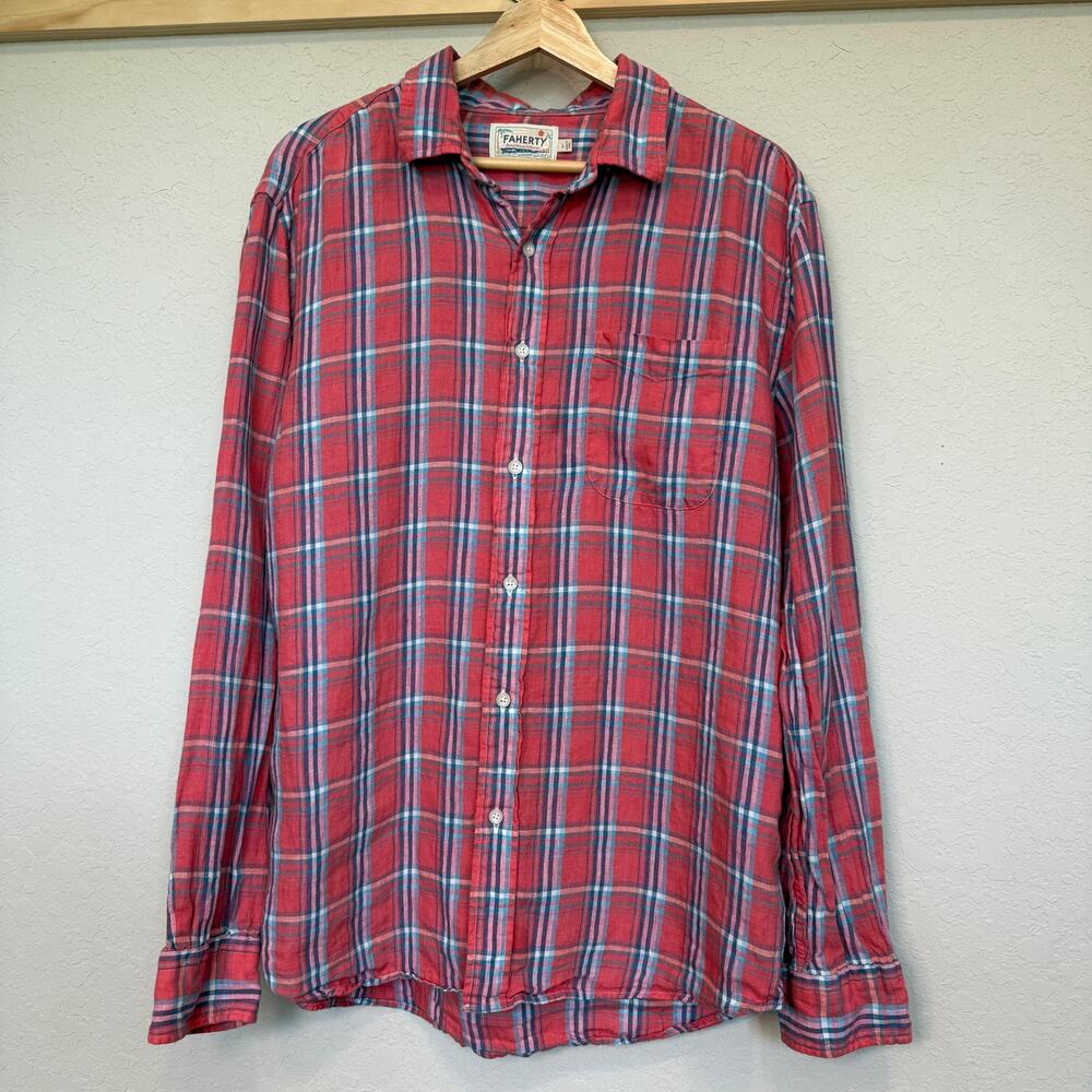Men's Faherty Red Plaid Linen Long Sleeve Summer Button Down Size L - Picture 2 of 8